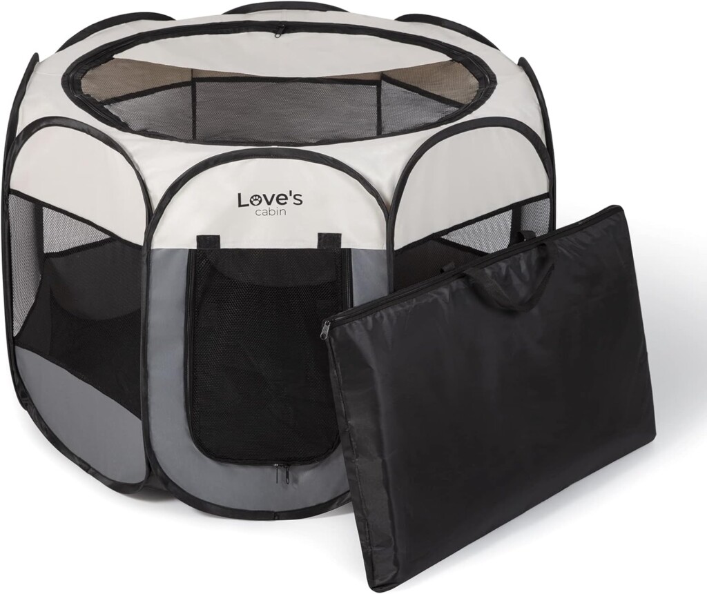 Loves cabin Pet Puppy Dog Playpen, Large Dog Tent Crates Cage Indoor/Outdoor, Portable Playpen for Dog and Cat, Foldable Pop Up Dog Kennel Playpen with Carring Case, Removable Zipper Top, Grey