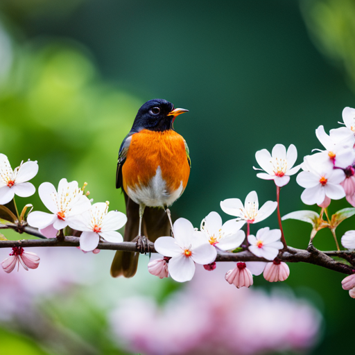 An image capturing the vibrant orange-breasted American Robin perched on a blossoming cherry tree branch against a backdrop of lush greenery, symbolizing Michigan's resilience and the arrival of spring