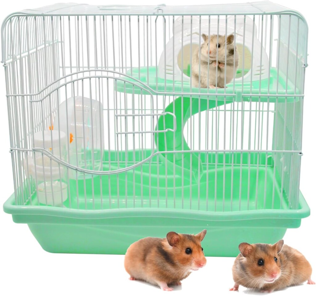 MUYG 2-Tier Portable Hamster Cage and Habitats,Travel Metal Mouse Cages with Free Water Bottle,Houses and Exercise Wheel for Any Breed of Hamster and Small Animal (14.6x11.0x11.8inch Green)