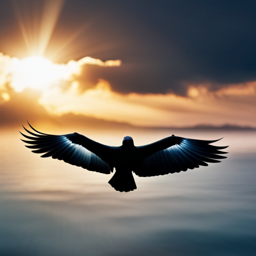 An image capturing the ethereal essence of crows in flight, their glossy ebony feathers contrasting against a golden sunset, their wings outstretched as they soar across the heavens, symbolizing their role as divine messengers