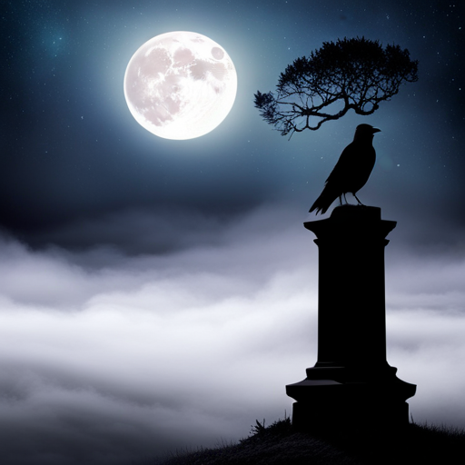 An image capturing a hauntingly beautiful scene of a solitary crow perched atop a weathered tombstone, its ebony feathers glistening in the moonlight, symbolizing the enigmatic connection between crows and the realm of death