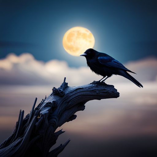 An image capturing the enigmatic aura of crows, depicting them perched on an ancient tree branch, their jet-black feathers glistening under the moonlight as they share an intense gaze, revealing the hidden depths of their mystical wisdom