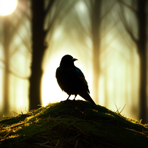 An image capturing the ethereal essence of a darkened forest, where shafts of golden sunlight break through the canopy, illuminating a solitary crow perched on a moss-covered tree branch, its piercing gaze hinting at hidden secrets