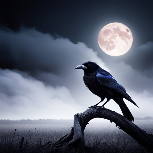 An image showcasing the enigmatic allure of crows as mystical beings, with a solitary crow perched atop an ancient, gnarled tree branch, its dark feathers shimmering with an ethereal glow amidst a backdrop of mysterious moonlit skies