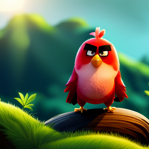 An image showcasing Chuck from Angry Birds in silhouette, standing atop a cliff, with a blurred background of lush greenery and various bird species