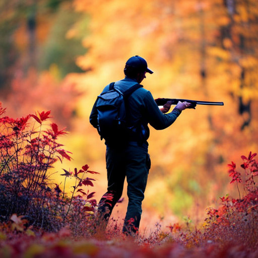 An image featuring a silhouette of a skilled hunter camouflaged in the vibrant autumn foliage, holding a shotgun, while a majestic Ruffed Grouse gracefully takes flight amidst the dense forest