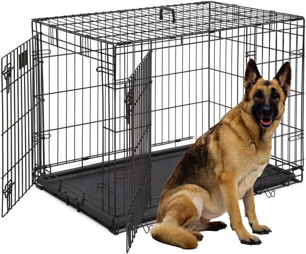 Pet Dog Crate, 48 Inches Large Dog Cage Double Door Folding Crate Metal Wire Dog Kennel with Divider Panel Leak-Proof Plastic Pan, Indoor Outdoor Basic Pet Crates for Medium Large Breed Dog XL XXL