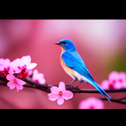 An image capturing a pair of rare bluebirds perched on a blossoming cherry tree branch, their vibrant cerulean feathers glistening in the sunlight, while their stunning red chests stand out against the delicate pink flowers