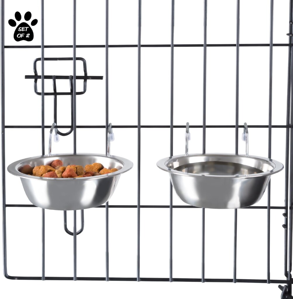 Set of 2 Stainless-Steel Dog Bowls - Cage, Kennel, and Crate Hanging Pet Bowls for Food and Water - 8oz Each and Dishwasher Safe by PETMAKER