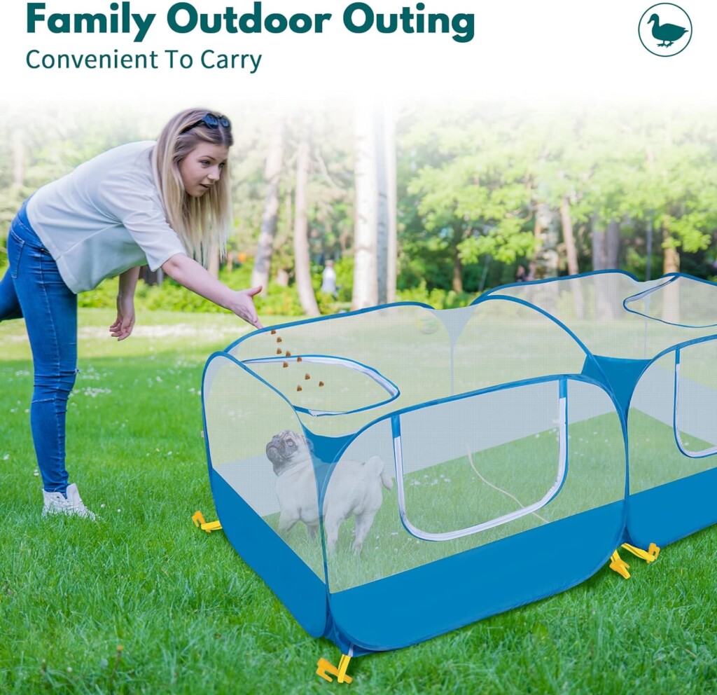 Small Pet Animals Playpen, Cage Tent Enclosure Large Chicken Run Coop with Breathable Transparent Mesh Walls Pop Open Indoor Outdoor Exercise Yard Fence for Chicks and Cat. Blue