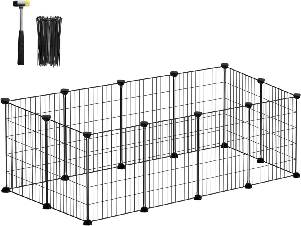 SONGMICS Pet Playpen, Small Animal Cage, Pet Fence with Cable Ties, DIY Metal Enclosure for Guinea Pigs, Hamsters, Rabbits, Hedgehogs, Black ULPI001B01