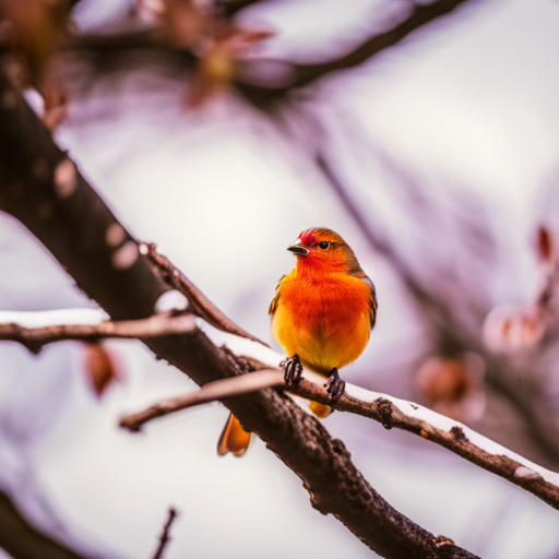  the mesmerizing allure of birds with vibrant orange chests as they gracefully perch on blossoming tree branches, their plumage radiating warmth and vibrancy