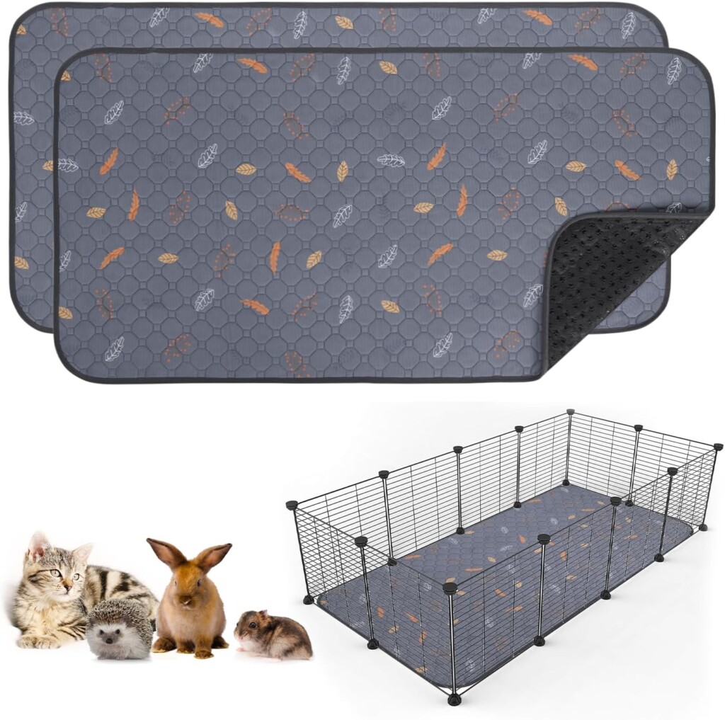 Sunheir 2 Pack Washable Guinea Pig Pee Pads, Waterproof Reusable Guinea Pig Cage Liners, Absorbent Bedding Training Mat for Small Animal Guinea Pigs Rabbit Bunny Hamster (Leaves - Deep Grey, 24x48)