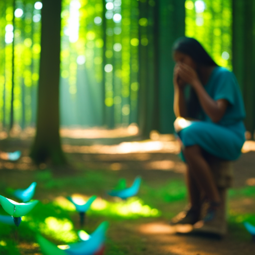 An image capturing the serenity of a solitary figure, eyes closed, surrounded by vibrant, singing birds amidst a lush, sun-drenched forest, evoking a sense of awe and tranquility in the quest for spiritual enlightenment