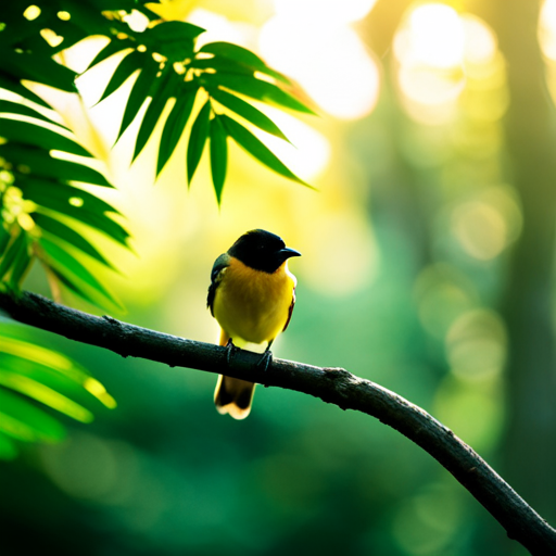 An image that captures the ethereal beauty of a solitary bird perched on a branch, its melodious chirping resonating through the serene forest, as rays of golden sunlight illuminate the scene with a sense of divine revelation