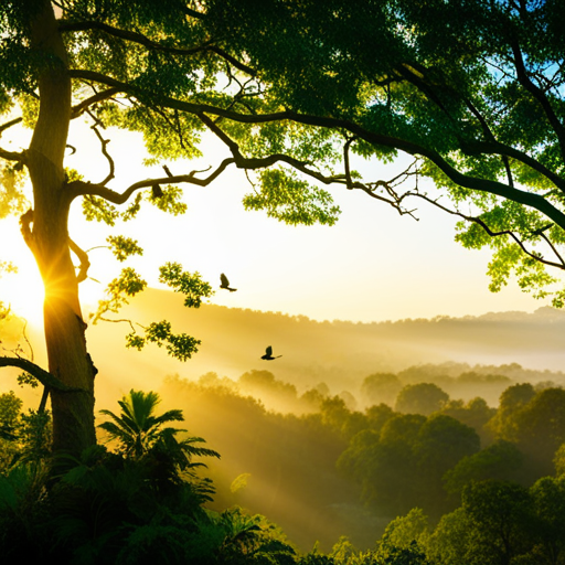 An image showing a serene sunrise scene with rays of golden light streaming through a tranquil forest, highlighting a variety of chirping birds perched on branches, symbolizing the hidden spiritual messages they carry