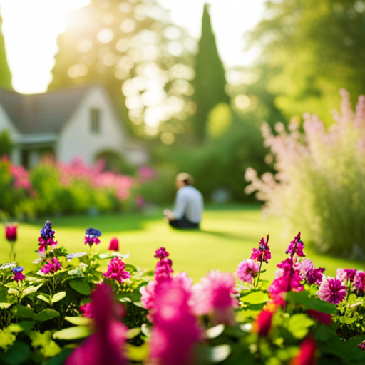 An image featuring a serene garden at sunrise, with vibrant flowers in bloom, dappled sunlight filtering through the trees, and a solitary person meditating, surrounded by diverse birds joyfully chirping in harmonious unity