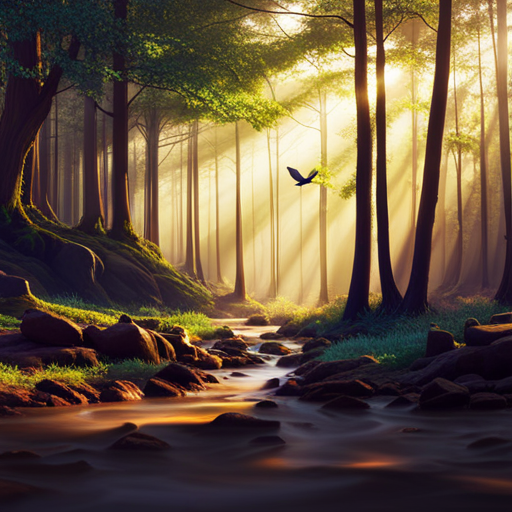 An image featuring a serene, sunlit forest with a variety of colorful birds perched on tree branches, their melodious chirps forming a mystical, ethereal aura