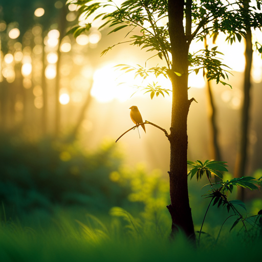 An image that portrays a serene forest scene at dawn, with rays of golden sunlight filtering through lush trees