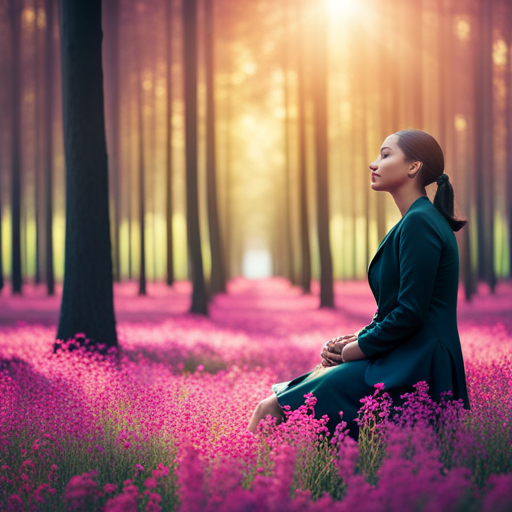 An image featuring a serene, sun-drenched forest scene, with a solitary figure sitting cross-legged beneath a blossoming tree