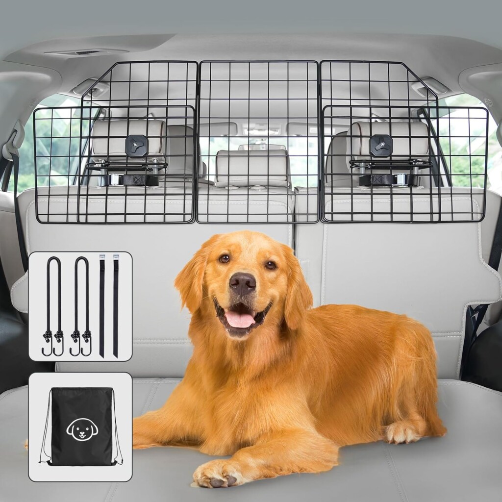 Vetoos Car SUV Dog Barrier, Vehicles Pet Divider for Trunk Cargo Area - Foldable for Easy Storage, Extendable for Universal Fit, Straps  Bungee Cords for Double Stability