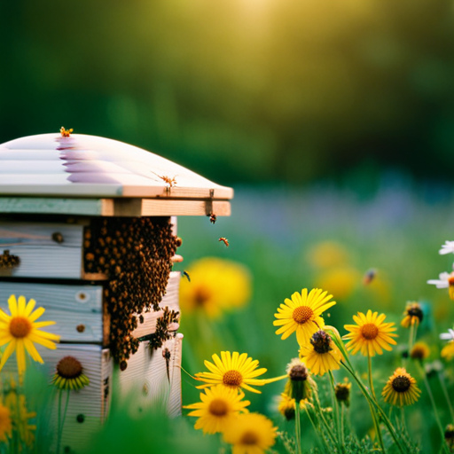 An image showcasing a bustling beehive nestled in a vibrant meadow, with industrious bees gracefully collecting nectar from colorful flowers, demonstrating the intricate process of honey-making in all its natural splendor