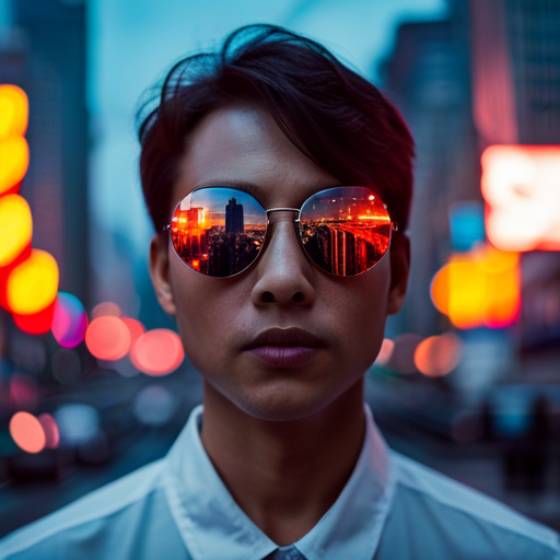 An image showing a close-up of a person's eyes, bloodshot and strained, as they gaze at a chaotic cityscape filled with bright lights, crowded streets, and fast-moving cars