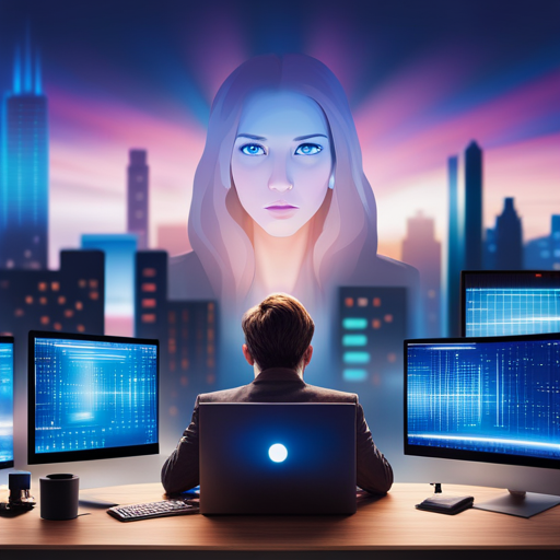 An image showcasing a person sitting at a desk, surrounded by multiple digital devices emitting intense blue light
