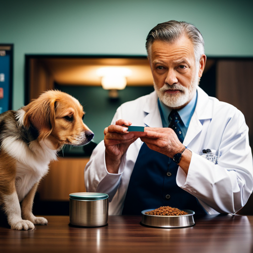 An image showcasing a veterinarian examining a dog's paws, while an array of nutrient-rich dog food and supplements are displayed nearby, emphasizing the medical and nutritional factors that may explain why dogs engage in licking their owners' feet