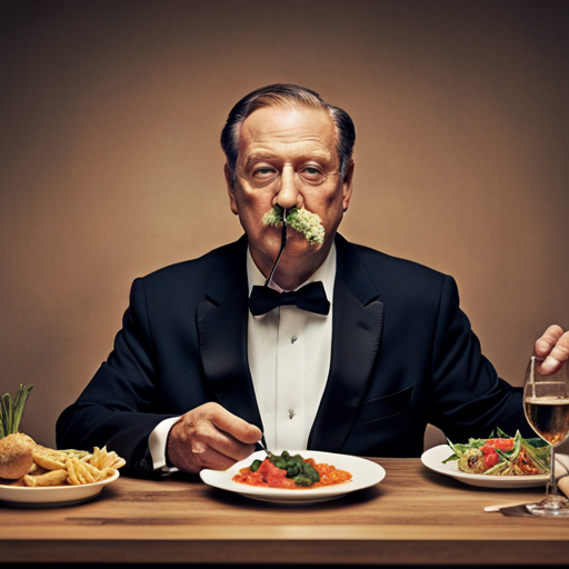 An image that depicts a person enjoying a savory meal, their face slightly tilted upwards, with a trail of clear liquid running from their nose, symbolizing gustatory rhinitis