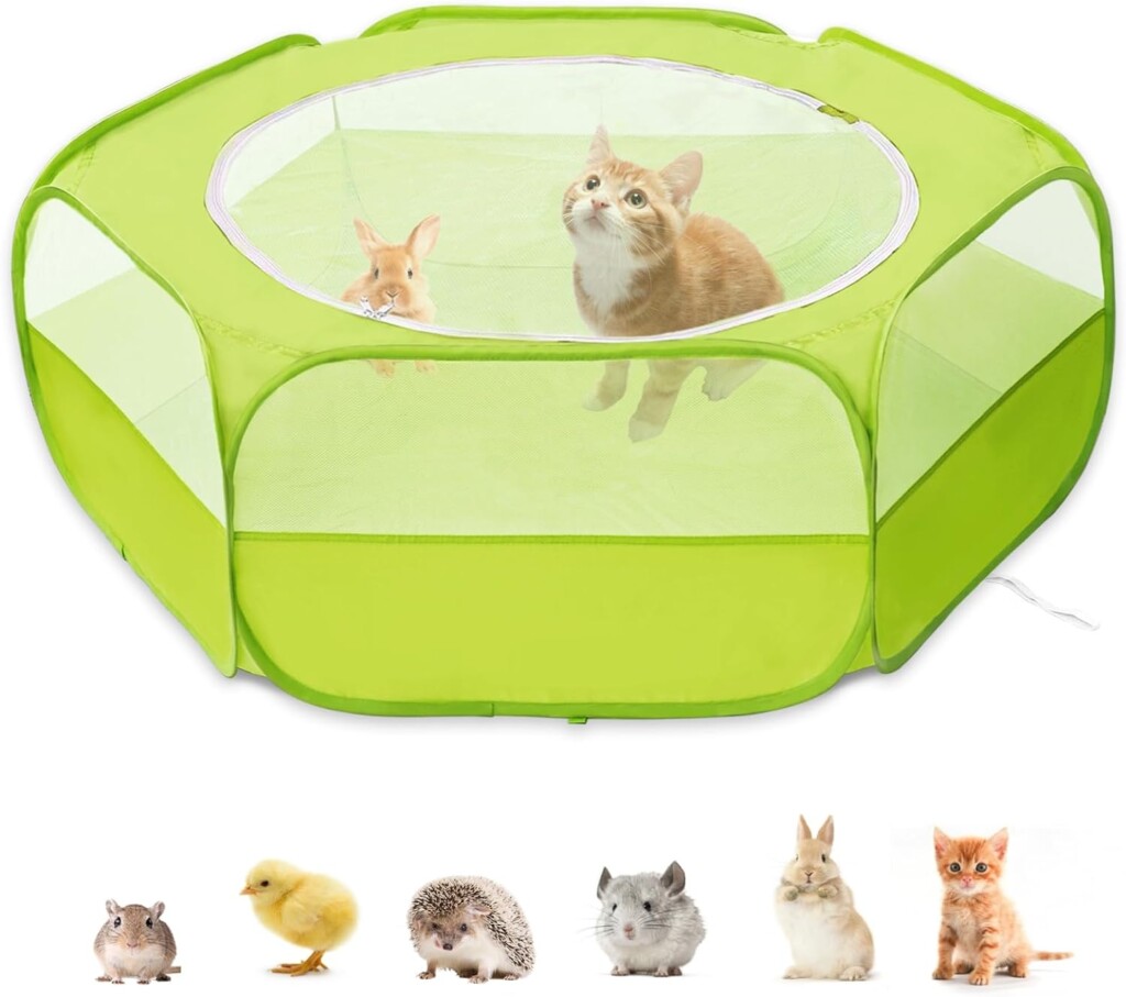 XIRGS Small Animal Playpen, Waterproof Small Pet Cage Tent Portable Outdoor Exercise Yard Fence with Top Cover Anti Escape Yard Fence for Kitten/Cat/Rabbits/Bunny/Hamster/Guinea Pig/Chinchillas
